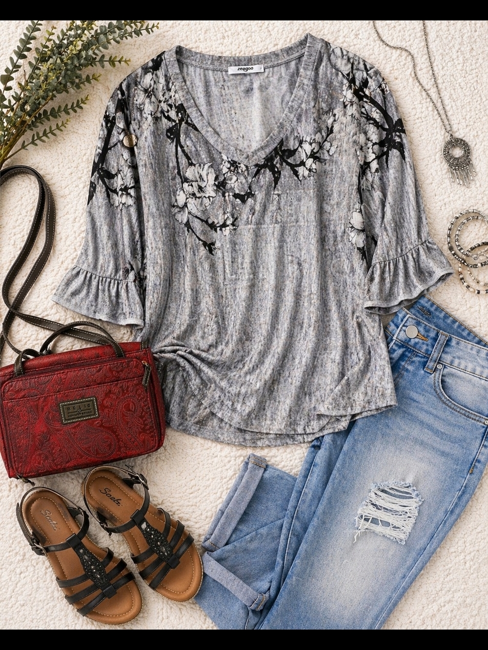 zeagoo Gray Floral V-Neck Ruffle Sleeve Tunic Top XL